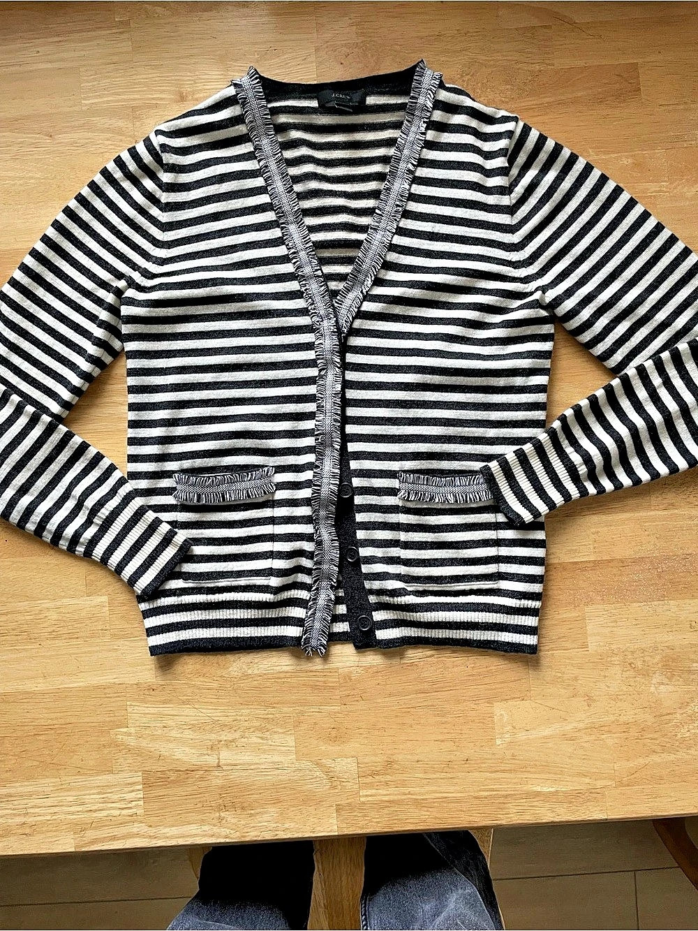 J.Crew Striped 100 % Wool Cardigan in gray & Cream Size Medium
